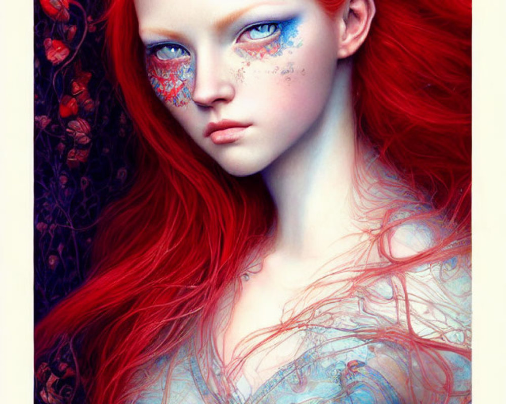 Fantastical Woman Portrait with Red Hair and Blue Floral Patterns