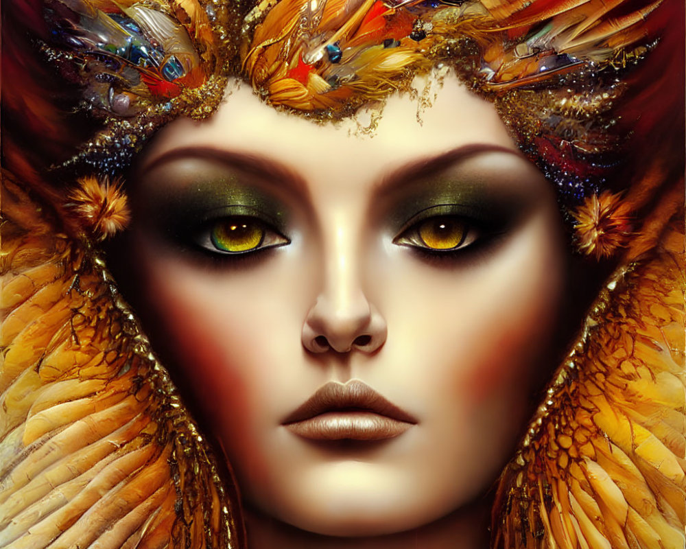 Digital artwork featuring woman with vibrant makeup and ornate headpiece in golden tones.