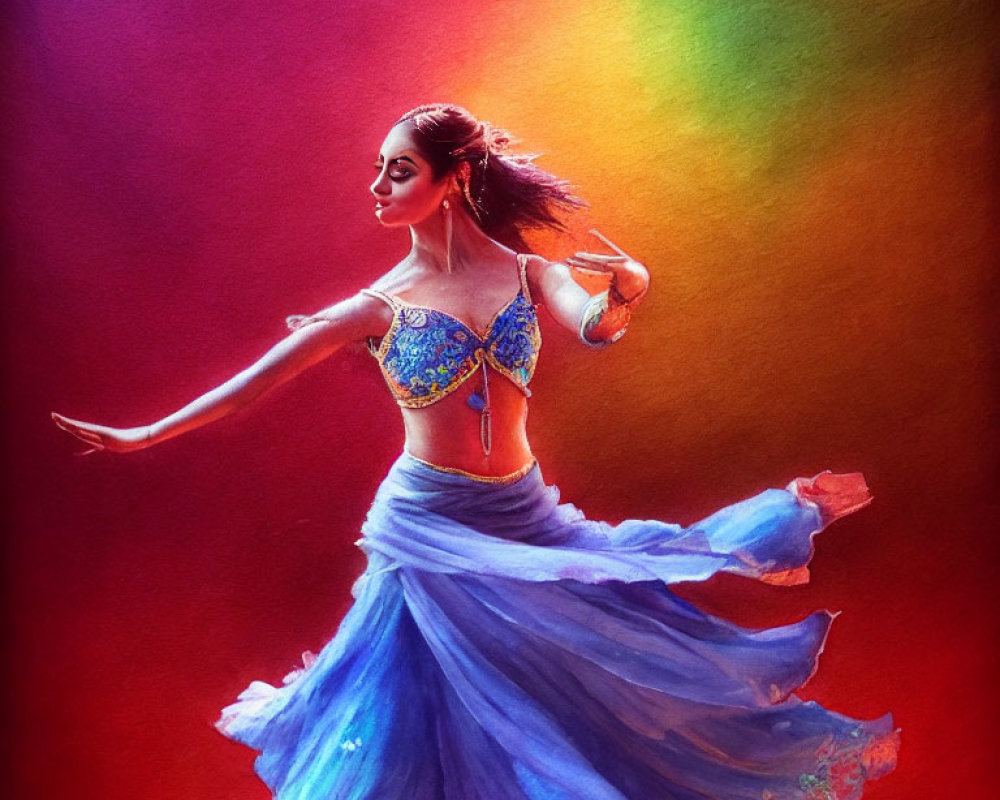 Elegant dancer in blue costume against vibrant backdrop