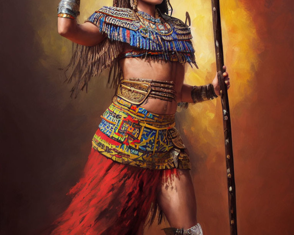 Traditional warrior in ornate costume with spear on warm background