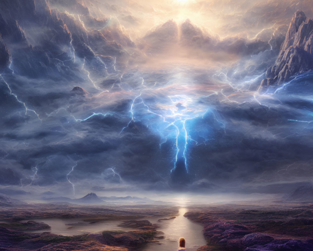 Person in surreal landscape with heather-covered plains and dramatic lightning bolts