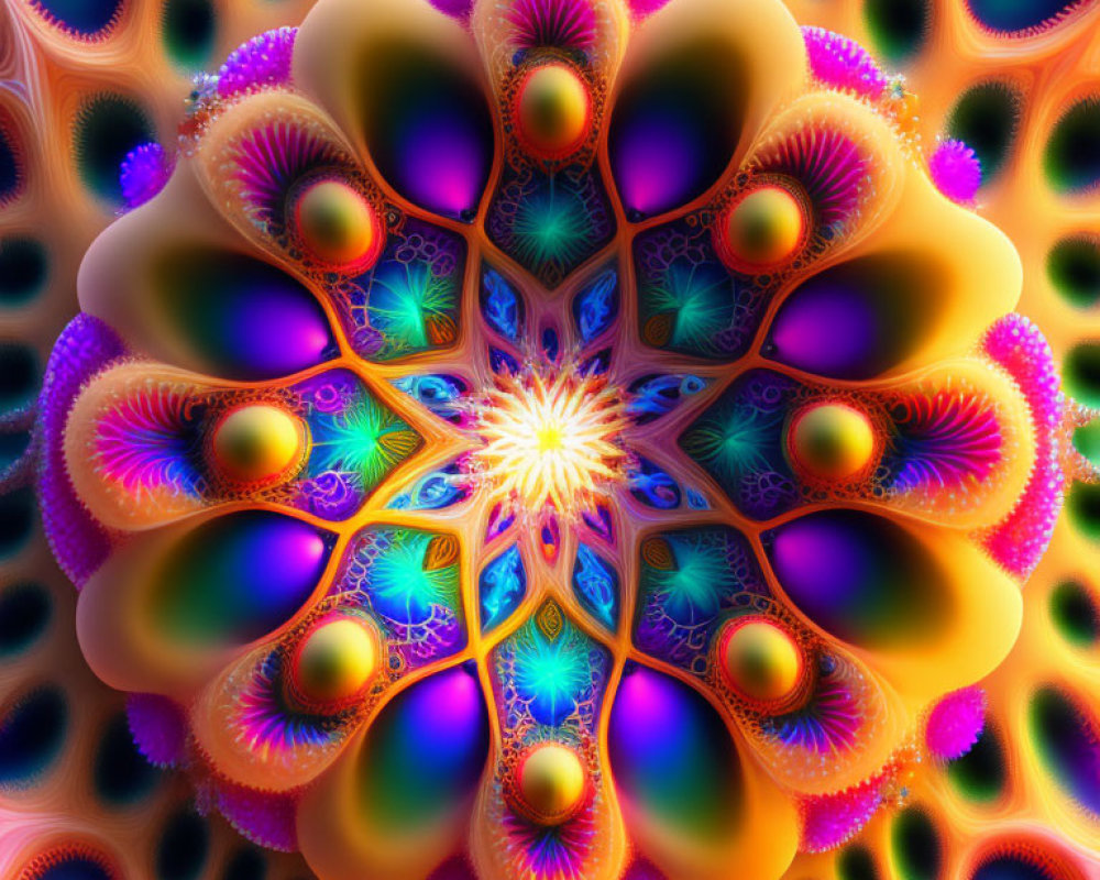 Colorful Symmetrical Floral Fractal Artwork in Blues, Purples, Oranges, and