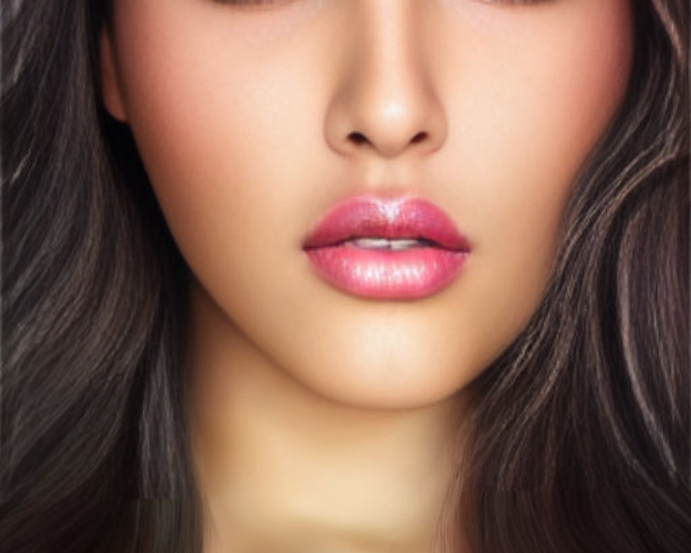 Portrait of a woman with smoky eyes and glossy pink lips