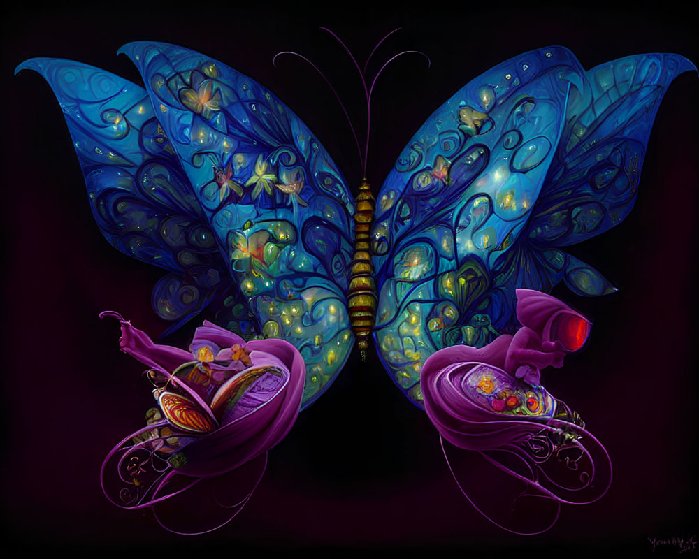 Colorful Digital Artwork: Stylized Butterfly with Ornate Blue Wings