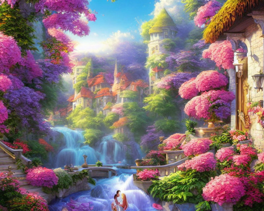 Fantastical landscape with pink trees, waterfall, stone bridge, and castle