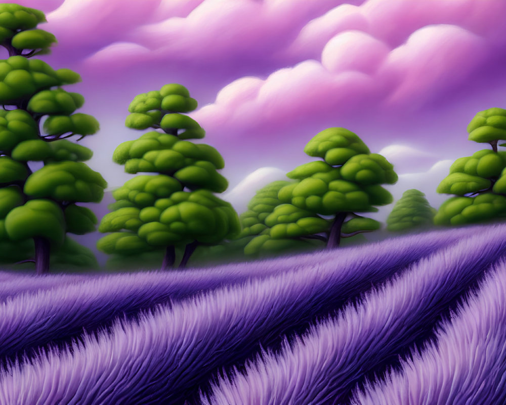 Vibrant fantasy landscape with purple skies, green trees, and purple grass