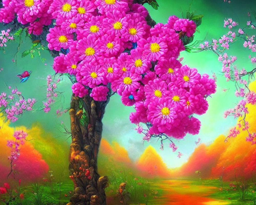 Colorful Flora and Birds in Vibrant Fantasy Landscape