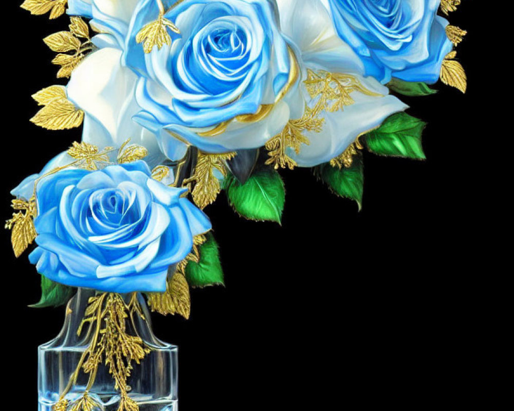 Blue roses with gold leaves in transparent vase on black background