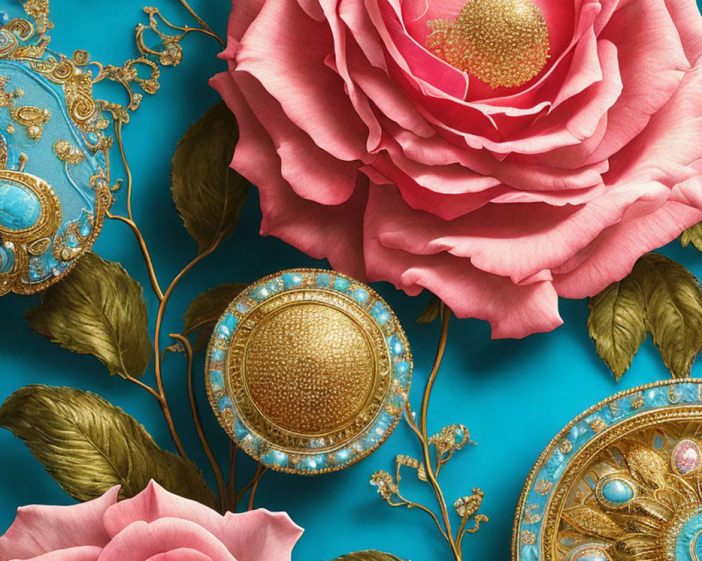 Pink Roses with Golden Jewelry on Turquoise Background