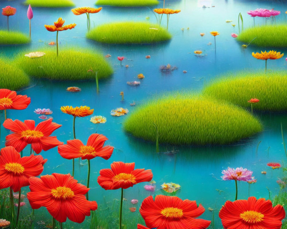 Colorful red flowers, green pond islands, and multicolored lily pads on tranquil water