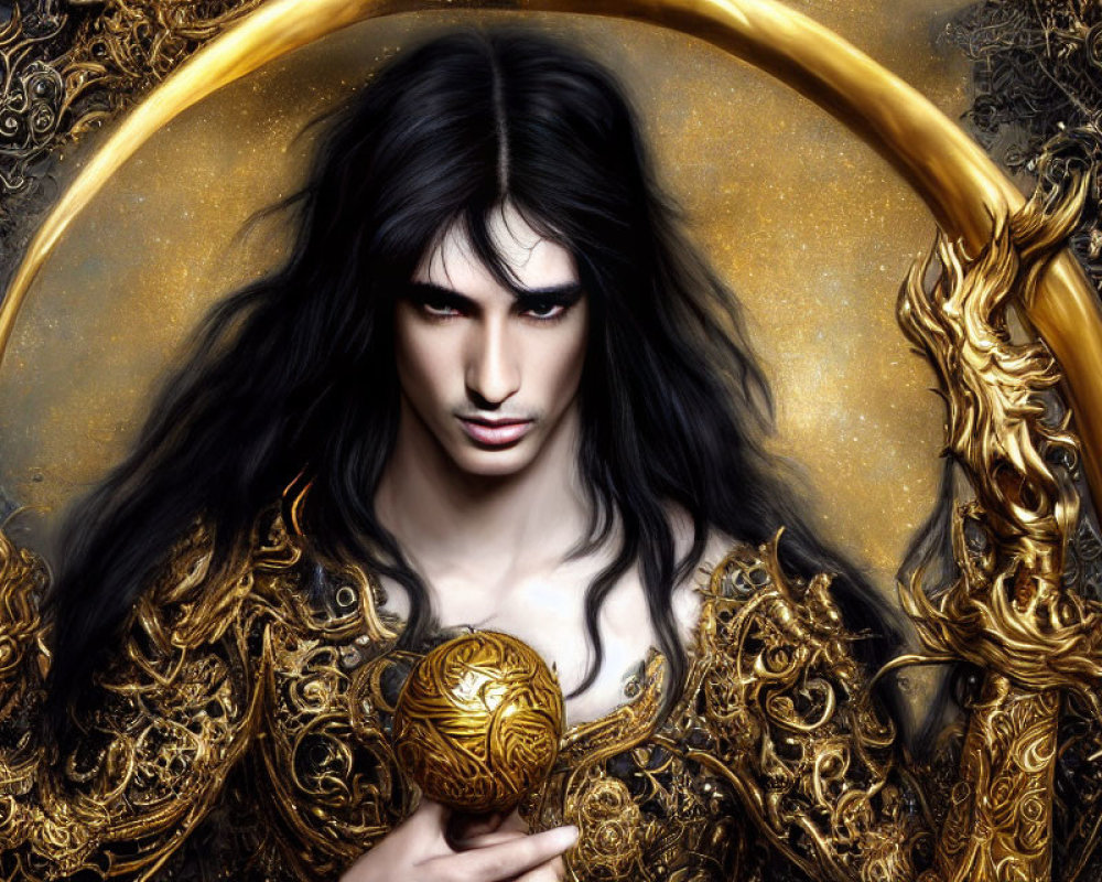 Fantastical portrait of a person with long dark hair and intense eyes holding a golden orb surrounded by