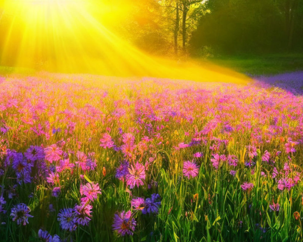 Purple flowers in golden sunlight with rays through trees