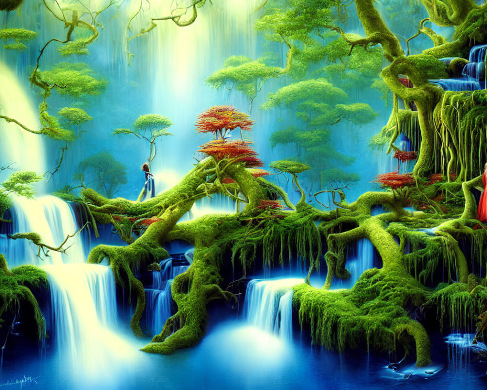 Enchanting forest with greenery, waterfalls, red trees, and blue lighting