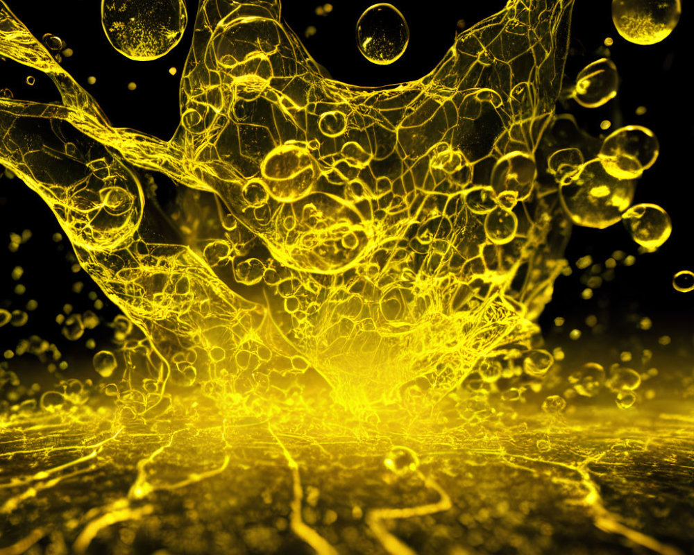 Abstract Glowing Yellow Network with Spheres on Dark Background