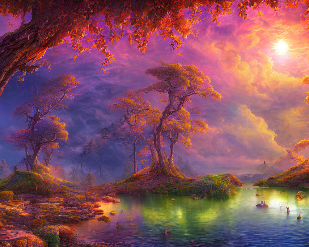 Colorful Fantasy Landscape with Twisted Trees and Serene Pond