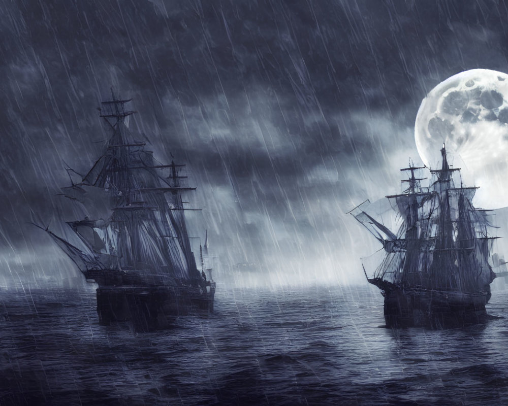 Stormy Night: Two Sailing Ships at Sea in Rain