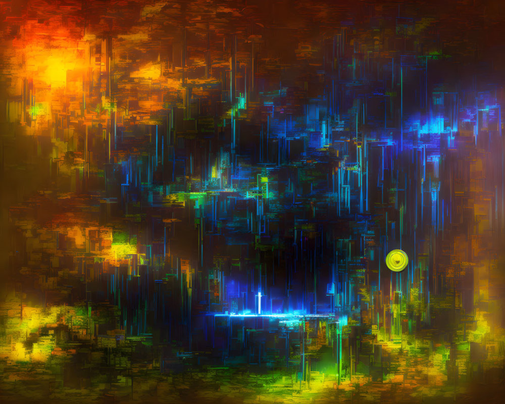 Vibrant Abstract Digital Art: Cityscape with Yellow Circle