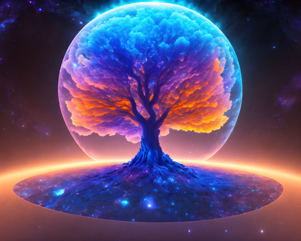 Colorful digital artwork of giant tree in cosmic setting