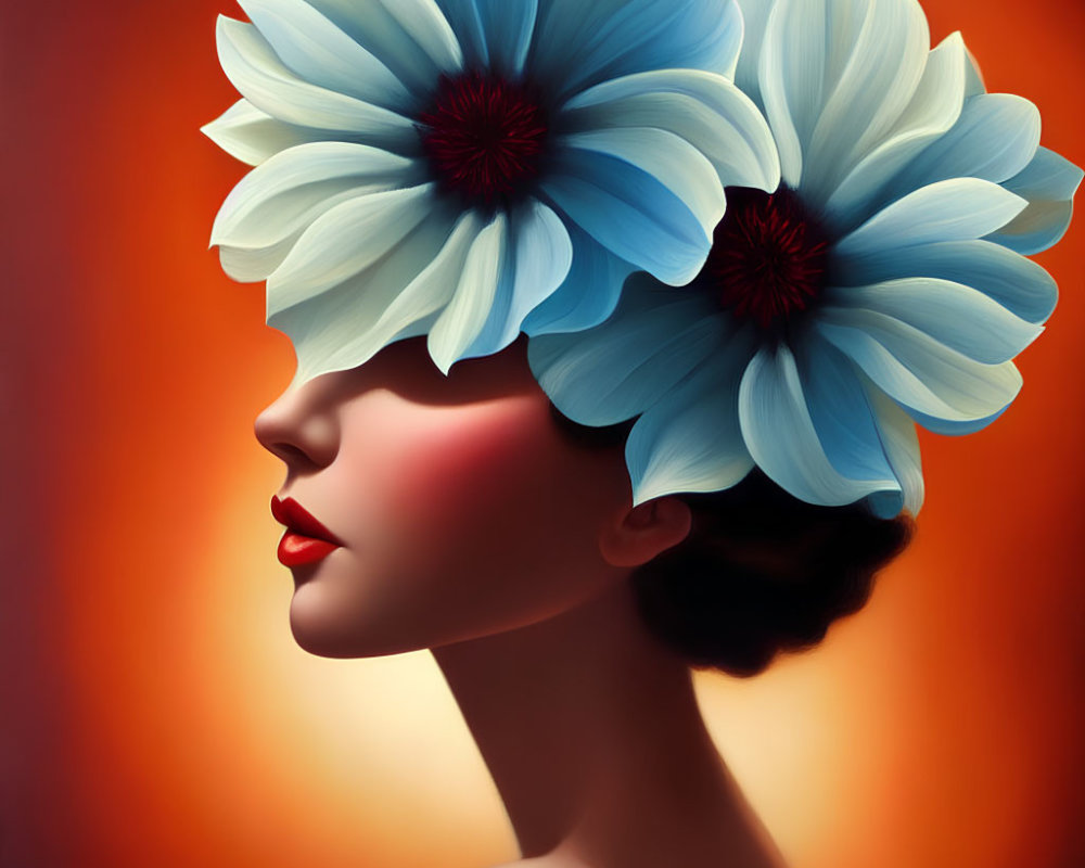 Stylized portrait of woman with blue and white flowers on red-orange background