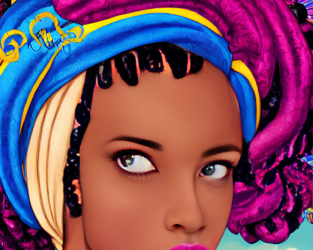 Colorful digital art portrait of a woman with headwrap, vibrant patterns, and bold makeup