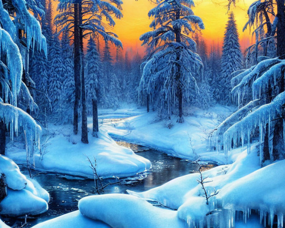 Winter Forest Landscape with Meandering Stream and Twilight Sky