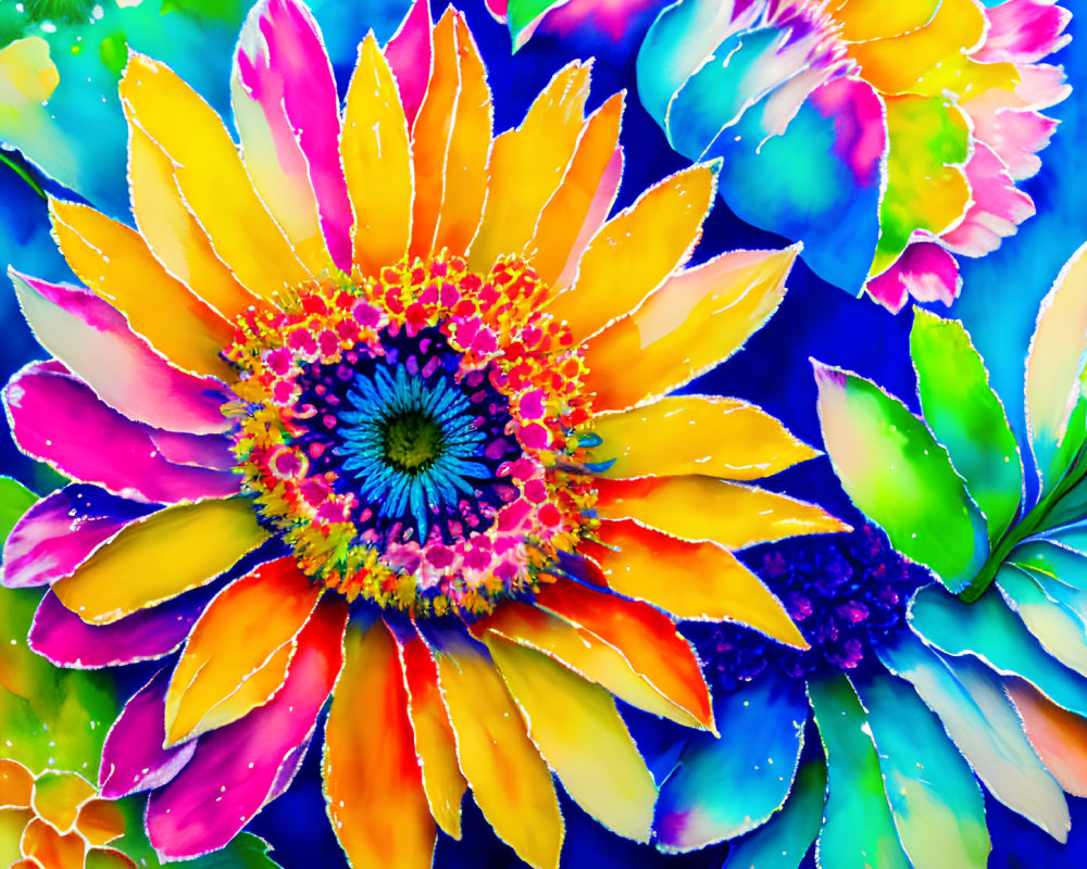 Colorful Sunflower Painting with Abstract Floral Patterns in Blue, Yellow, Pink, and Green