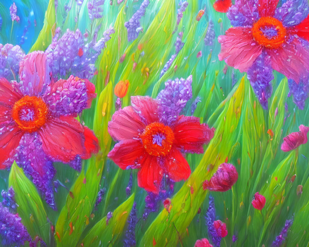 Colorful Impressionistic Painting of Red Poppies and Purple Flowers