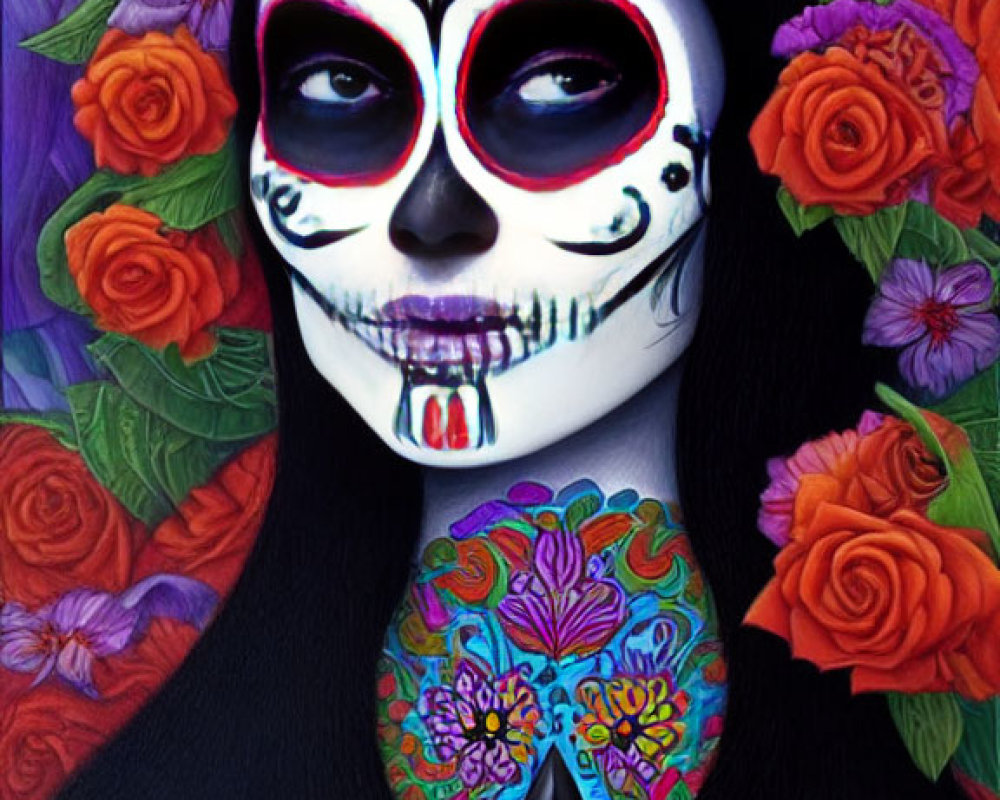 Skull Face Paint Person Among Vibrant Flowers for Day of the Dead