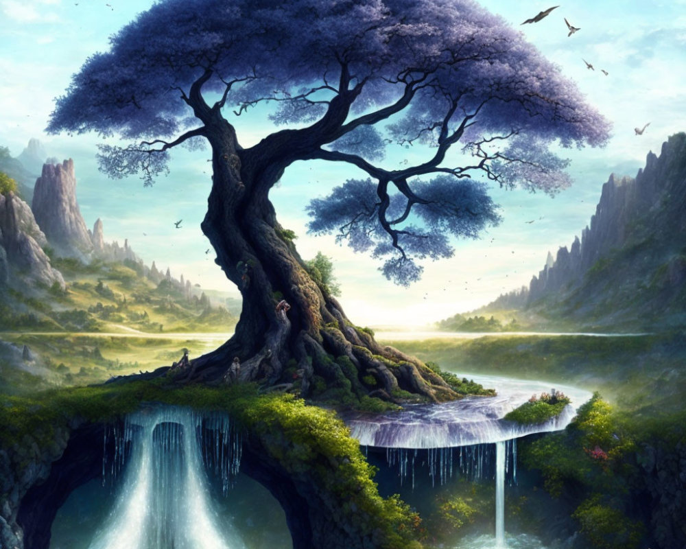 Majestic purple tree on dual waterfall island surrounded by lush landscape