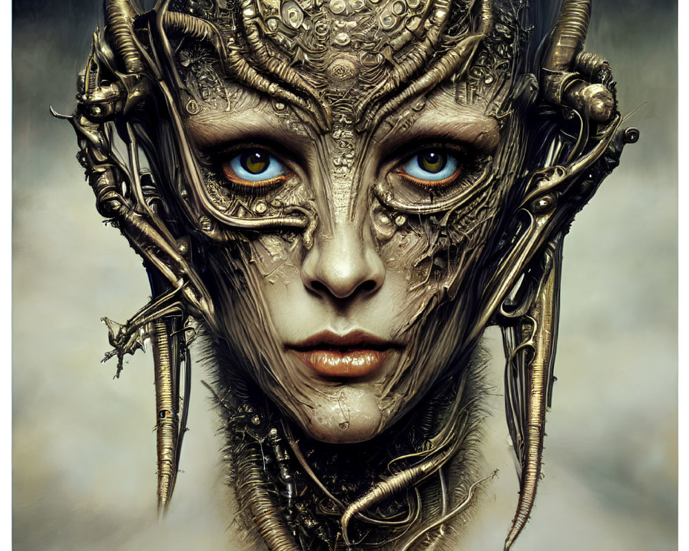 Detailed Digital Artwork: Cyborg Head with Human-like Features