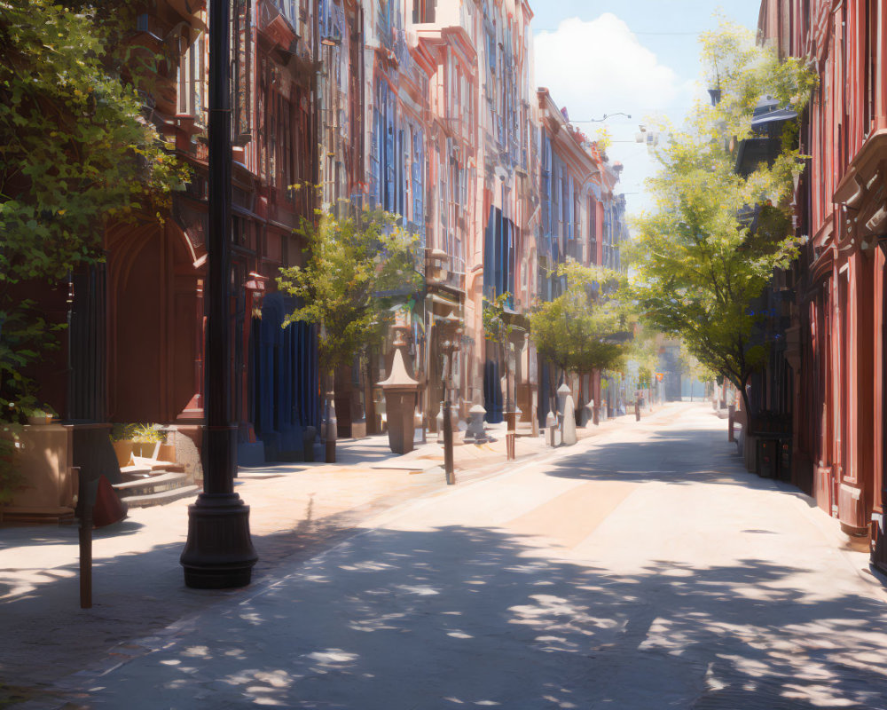 Classic Urban Street Scene with Red and Brownstone Buildings