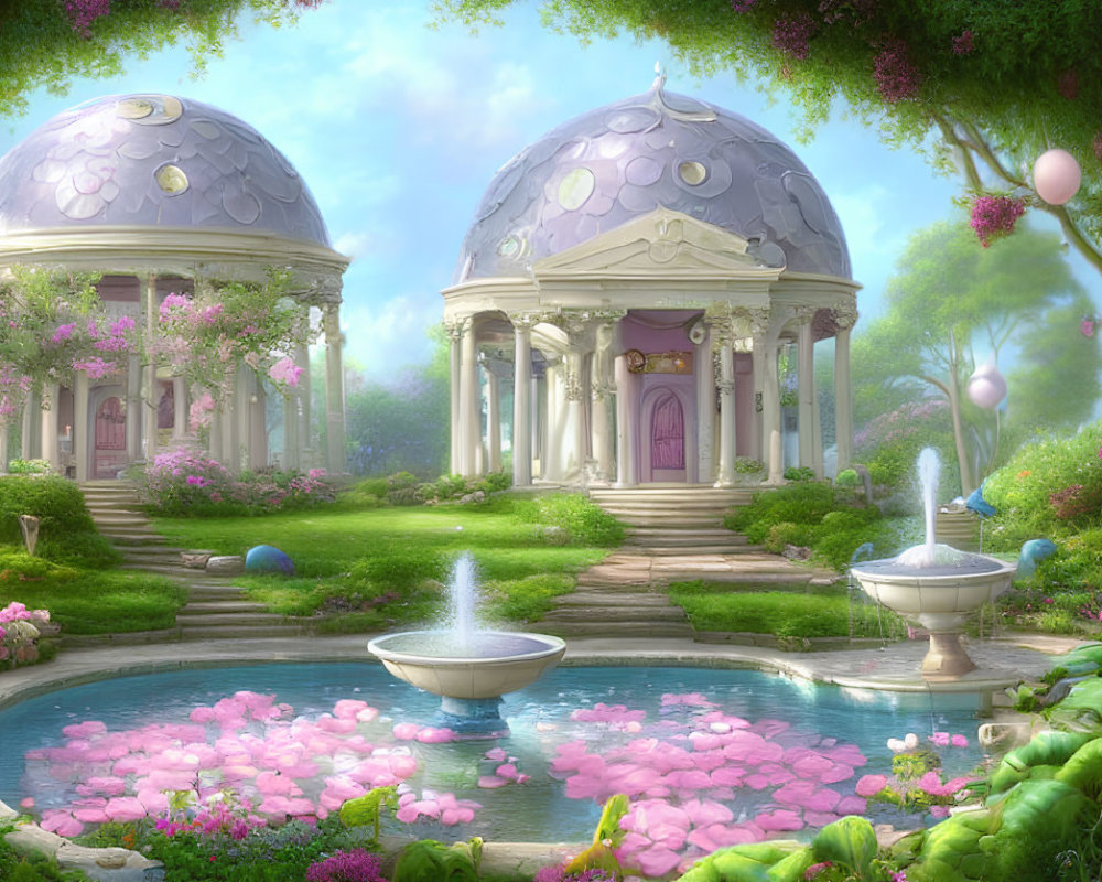 Twin domed pavilions in lush garden with ponds and pink blossoms