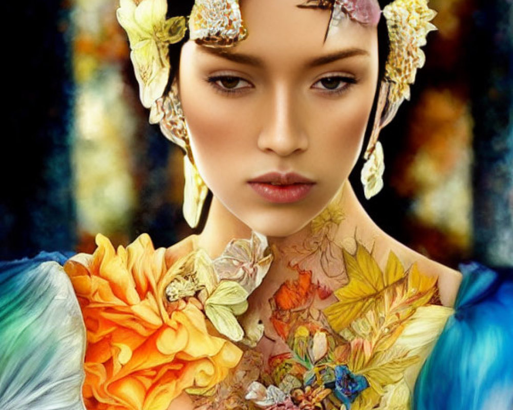 Woman in Floral Headpiece Surrounded by Vibrant Colors