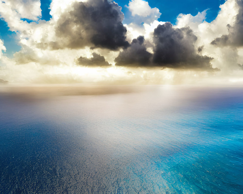 Tranquil ocean scene with dramatic sky and sunrays over water