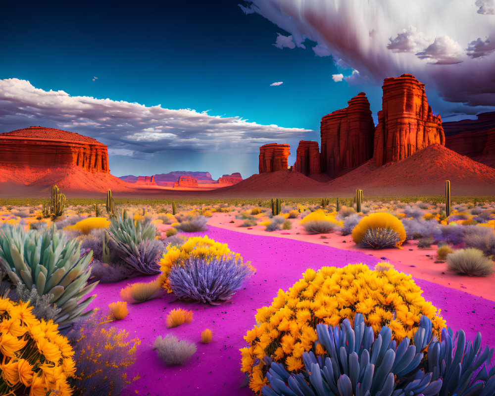 Colorful Flora and Red Sandstone Cliffs in Vibrant Desert Scene