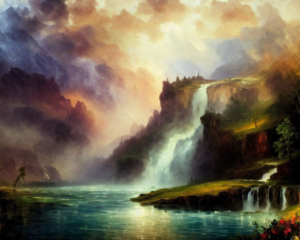 Tranquil lake with waterfalls, mountains, greenery, and colorful sky