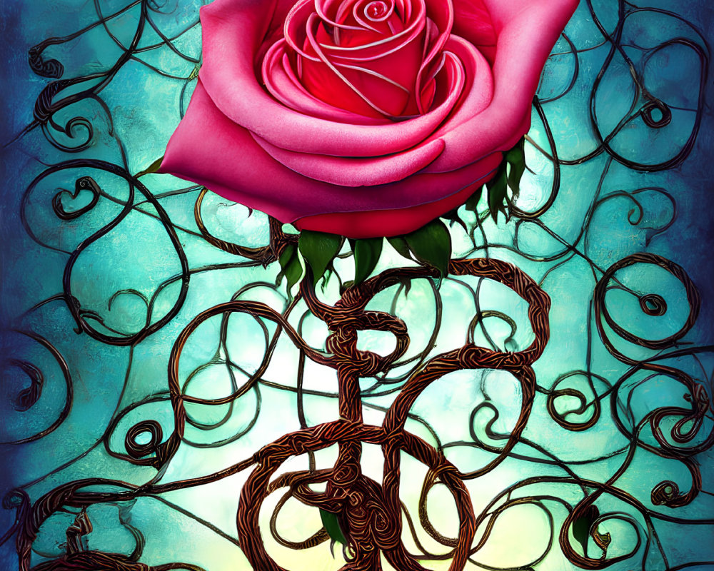 Vibrant pink rose with twisted stem on teal background