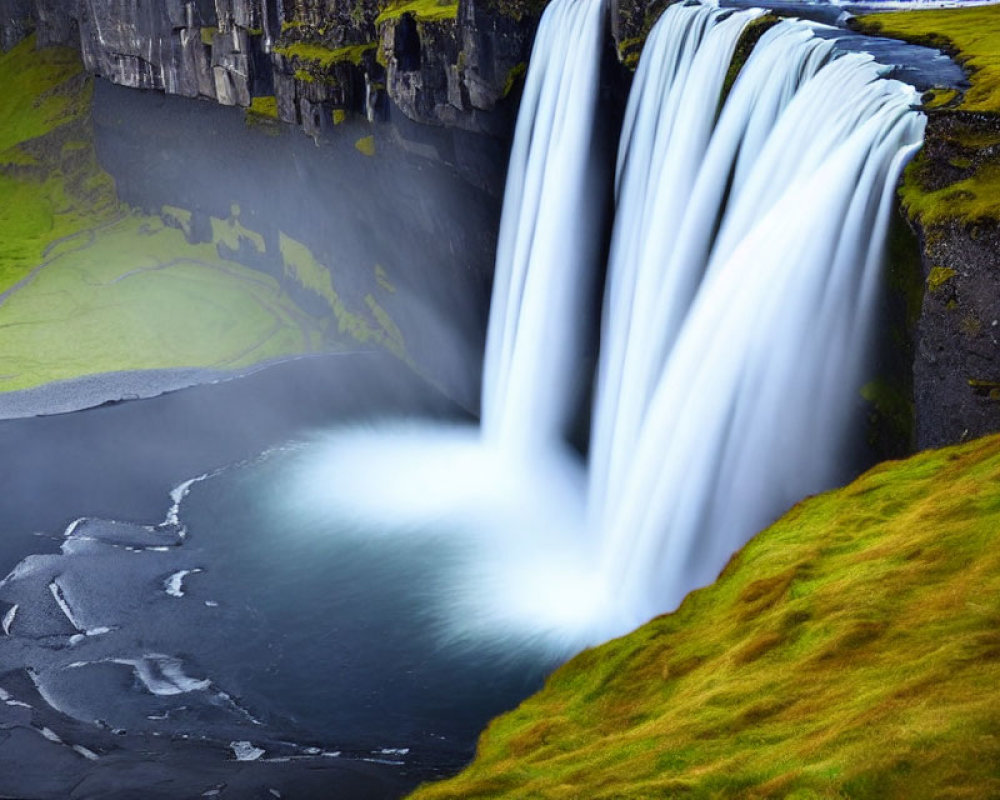 Majestic waterfall cascading into serene river below