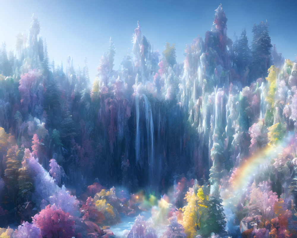 Vibrant forest with cascading waterfall and rainbow light rays