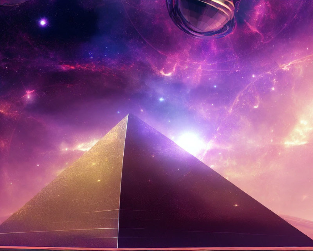 Surreal cosmic pyramid under vibrant purple sky