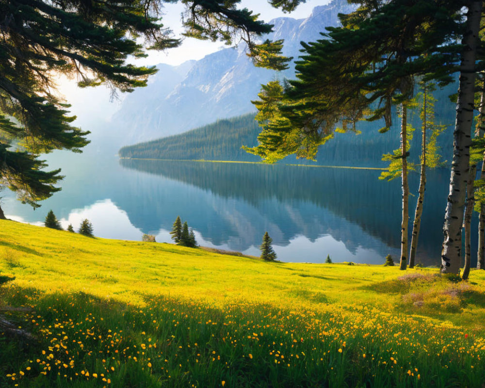 Scenic mountain lake with lush surroundings