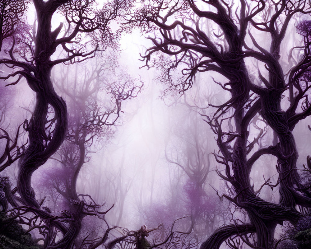 Enchanting purple forest with dense fog and twisted trees