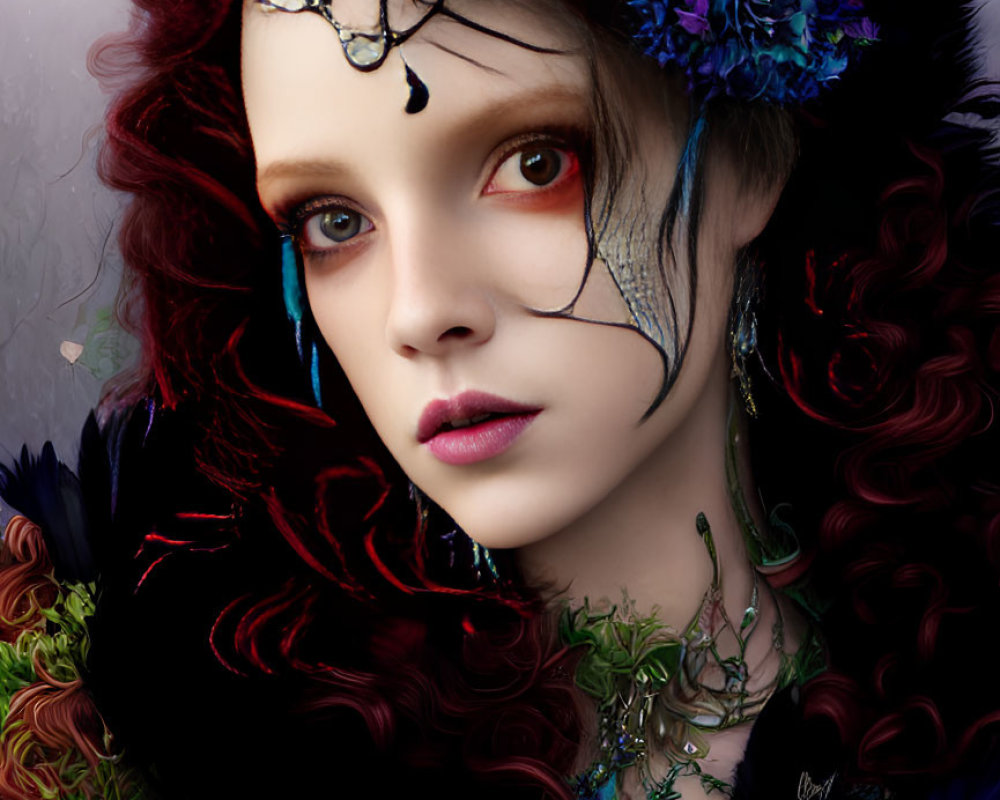 Portrait of woman with curly red hair, floral headpiece, dramatic makeup, necklaces, surrounded by