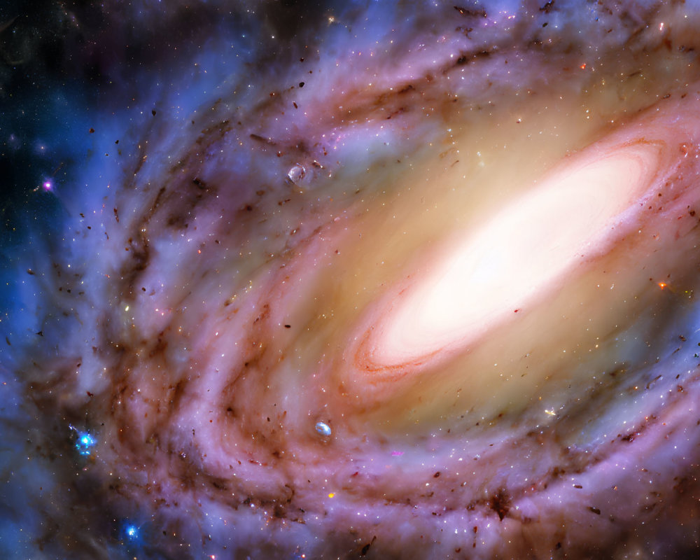 Colorful swirling galaxy with bright core in dark cosmos