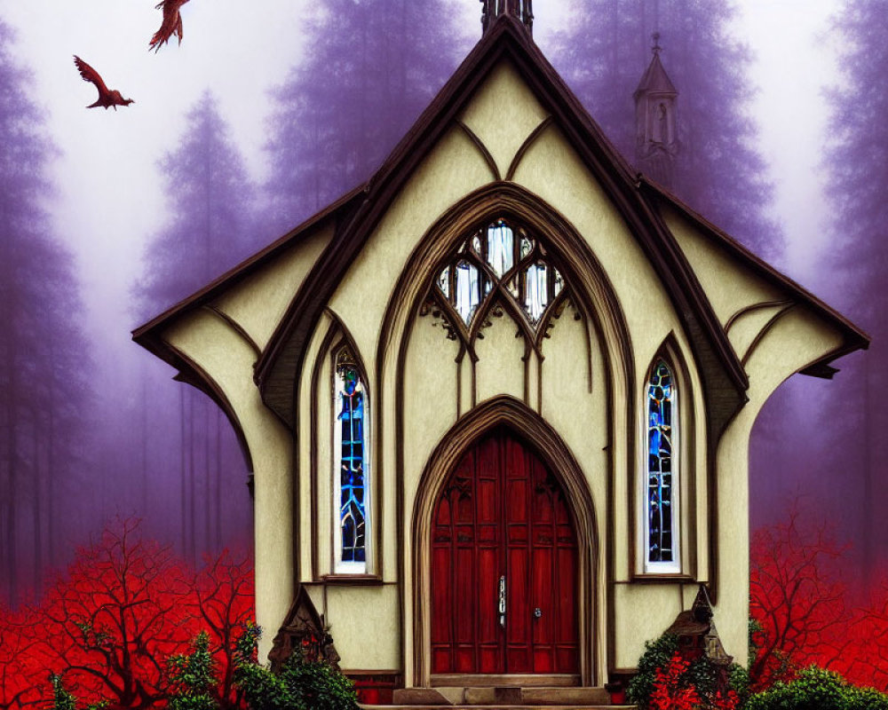 Gothic-style chapel with stained glass windows and red door in misty forest