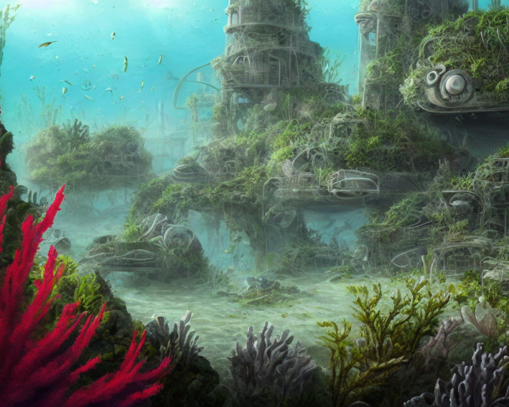 Vibrant coral and fish in underwater ruins scene