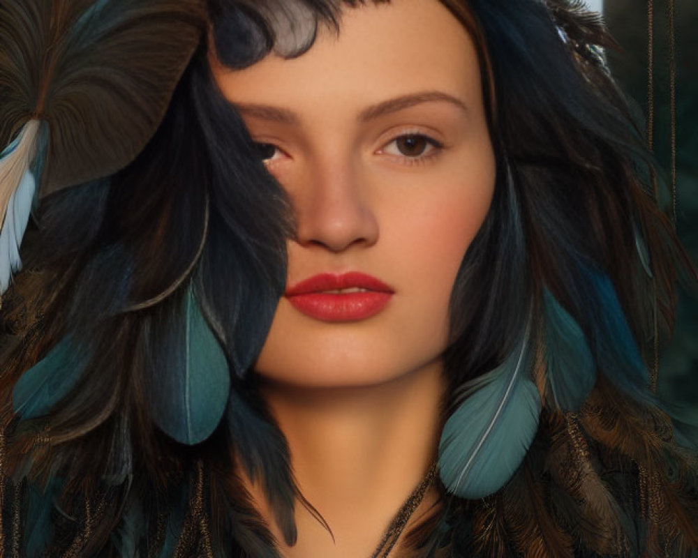 Woman in Blue and Brown Feather Headdress with Red Lips and Thoughtful Expression against Natural Background