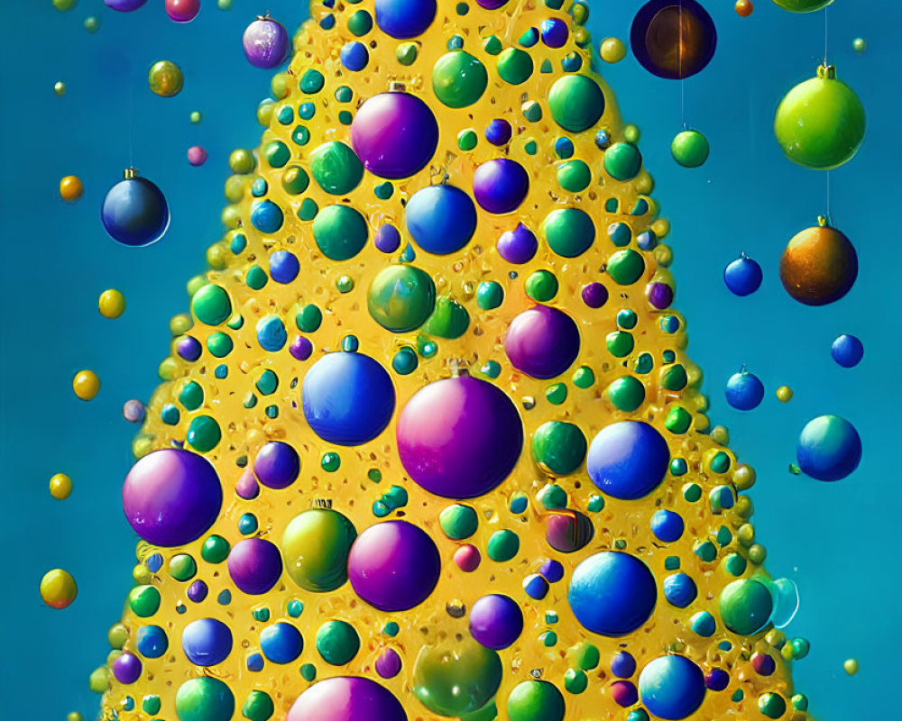 Colorful Abstract Christmas Tree with Ornaments on Blue Background