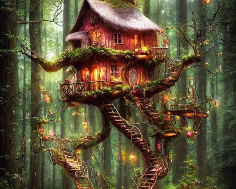 Whimsical treehouse with thatched roof in dense forest - warm lights, spiral staircase