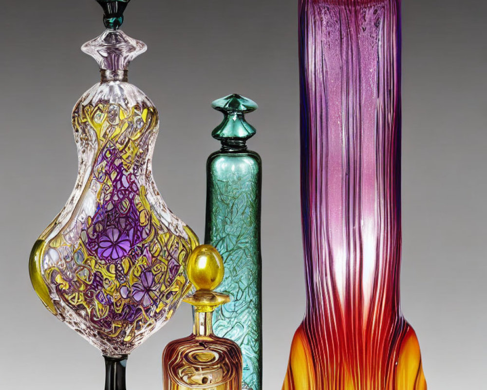 Three Ornate Glass Perfume Bottles with Varied Shapes and Colors